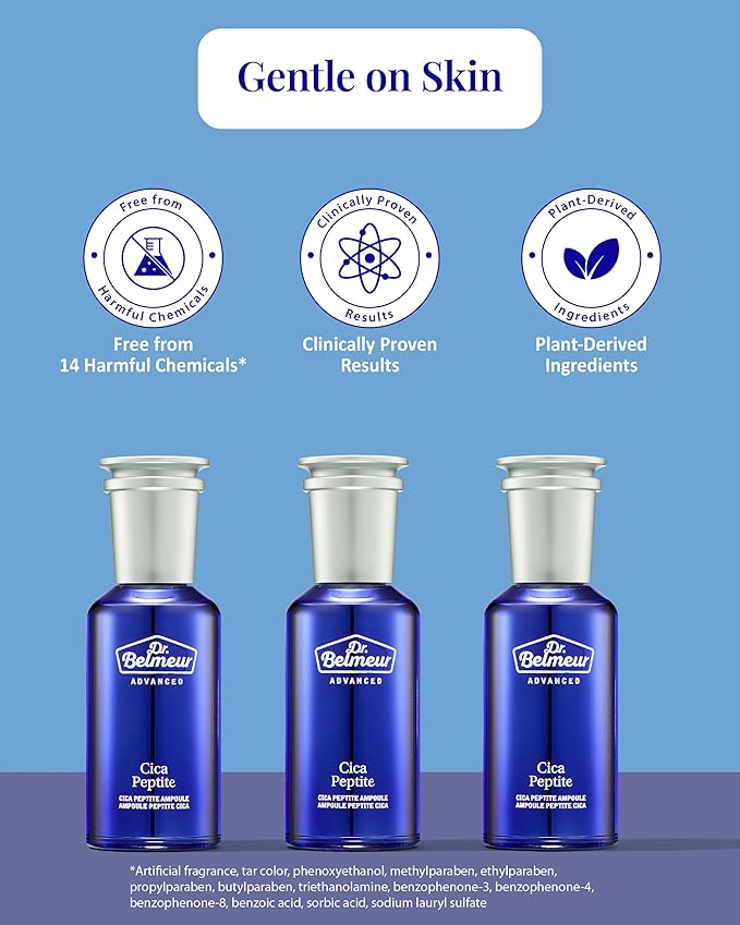 Dr. Belmeur Advanced Cica Ampoule (1.7fl oz) - Soothing, Hydrating Serum for Sensitive Skin. Korean Skin Care. Centella Asiatica, Peptide Complex.