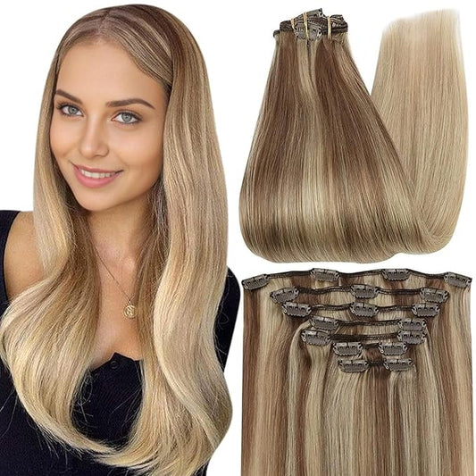 Full Shine Clip in Hair Extensions Real Human Hair Balayage Blonde Human Hair Extensions Clip ins Golden Brown to Golden Blonde Real Hair Clip in Extensions Silky Straight 7 Pcs 16 Inch 120 G