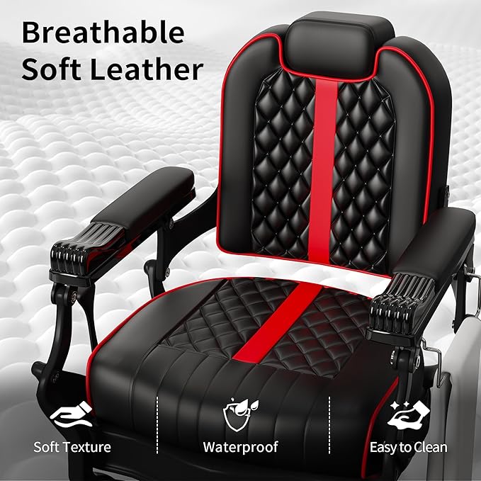 Baasha Black & Red Barber Chair, Plush Reclining Salon Chair with Adjustable Headrest, Wide Stable Base, 360° Swivel, Heavy-Duty for Barbers, 550 lbs