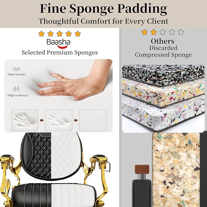 Baasha Black & Gold Heavy-Duty Barber Chair, Luxury Reclining Salon Chair with Adjustable Headrest & Comfort Seating, 550 lbs Capacity