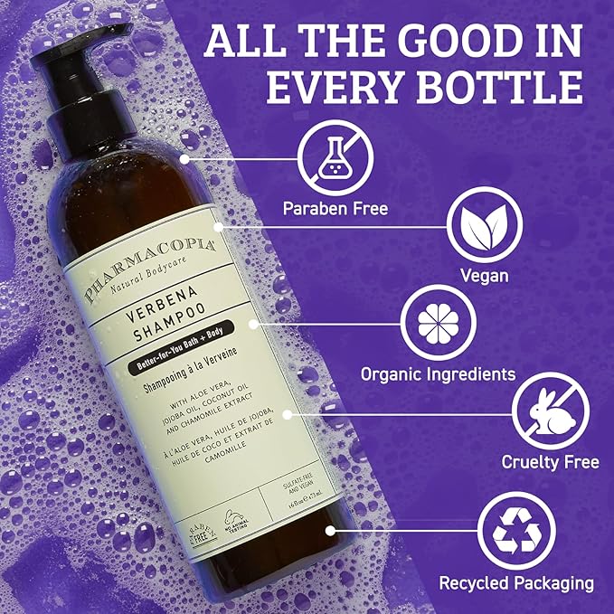 Pharmacopia Verbena Shampoo - Natural Hair Care with Plant Based & Organic Ingredients Aloe Vera, Jojoba Oil, Coconut Oil, and Chamomile Extract - Vegan, Cruelty Free, No Parabens or Sulfates, 16 oz