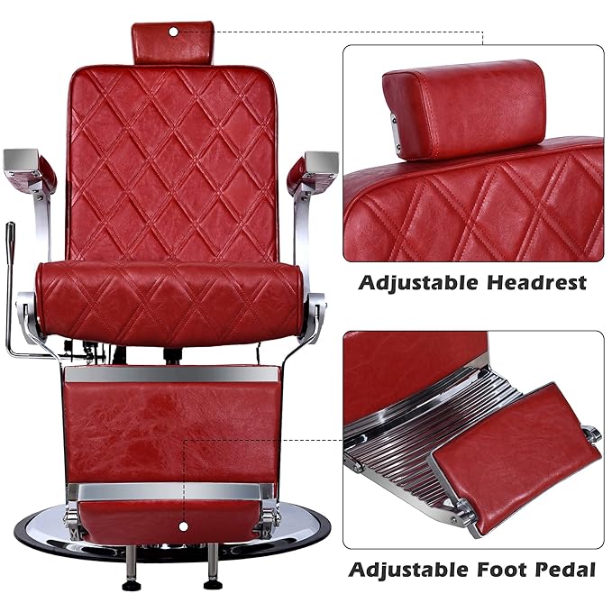 BarberPub Heavy Duty Metal Vintage Barber Chair All Purpose Hydraulic Recline Salon Beauty Spa Shampoo Equipment 3825 (Red with Red Stitches)