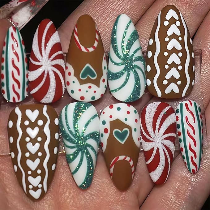 30Pcs Christmas Press on Nails Short Almond Fake Nails with Heart Candy Designs Red Green Spiral Patterns False Nail Full Cover Artificial Glue on Nails Colorful Stick on Nail for Women