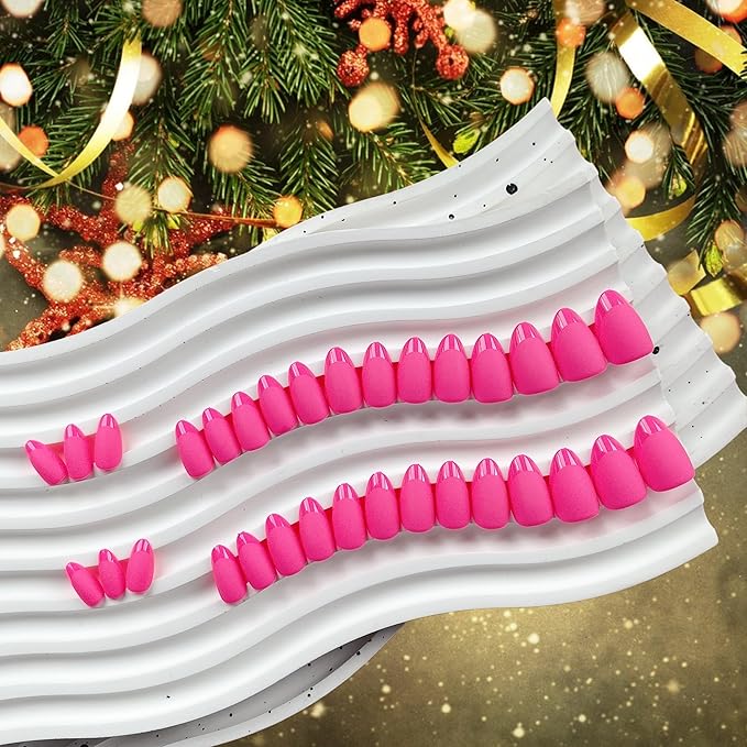Hot Pink French Tip Press on Nails Short Almond Nails Press ons, Short Fake Nails with Matte Finish, Vibrant Neon Pink French Glue on Nail False Nail for Women,Fushia in 32 Pcs 16 Sizes