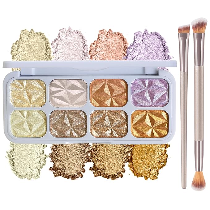 Face Highlighter Palette with Mirror, 8 Colors Glitter