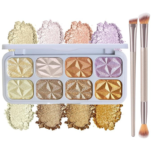 Face Highlighter Palette with Mirror, 8 Colors Glitter Eyeshadow Palette, Diamond Shimmer Glow Contour Palette for Face Highlighters & Luminizers, Long Lasting, Makeup Brush Include