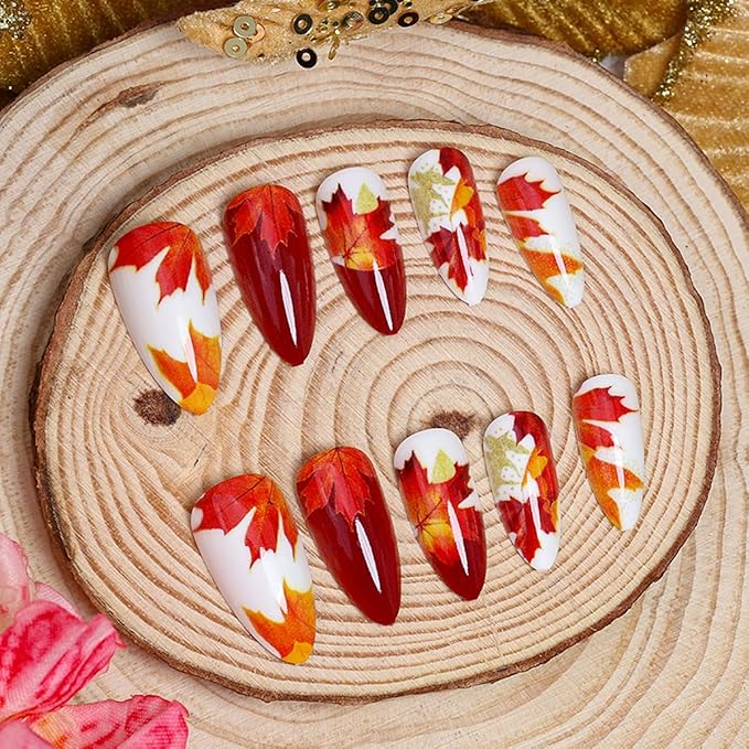 Maple Leaf Press on Nails Medium Almond Fake Nails Fall Nails Press ons Flaming Leaves Design Thanksgiving Acrylic Nail Autumn Glue on Nail Glossy Full Cover False Nail for Women DIY 24Pcs