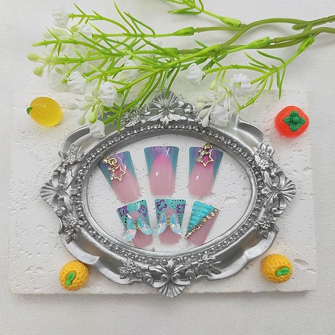 Duck Press on Nails Medium Fake Nails with 3D Flower Butterfly Star Rhinestones DesignsGradient French Tip Nails Press ons Glossy Glue on Nails for Women 24Pcs