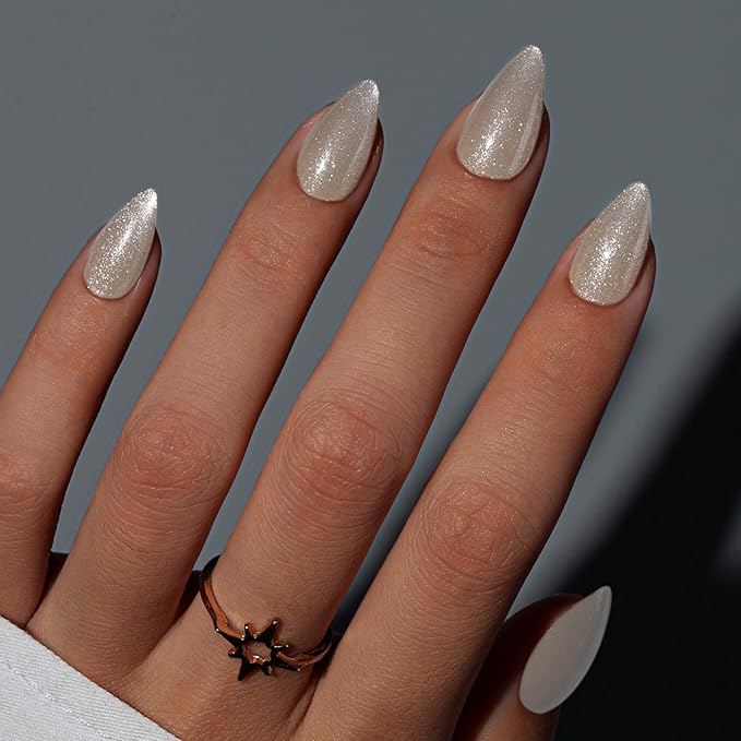 KQueenest Cat Eye Press On Nails Short, Acrylic Press On Nails Almond, Sparkle Milky White Fake Nails With Glue, Recycled Soft Gel Glue On Nails for Woman, Long-Lasting Glitter Effect, 30 Pcs