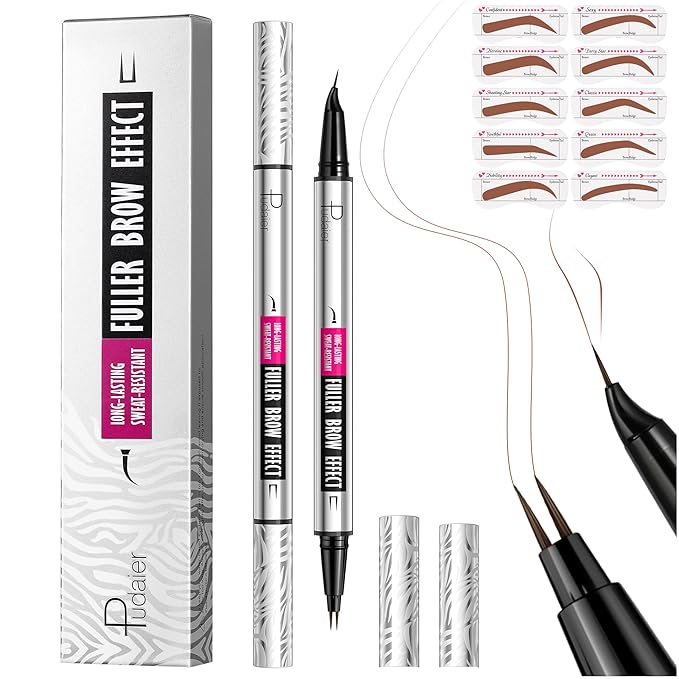 Pudaier 2 Pack 2 Fine Tip Eyebrow Pen, Waterproof Filling Faux Brow Makeup Pencils for Women with Precise Curved Brush-Tip to Fast Create Natural Hair-Like Brows, Last All-Day (Chocolate)