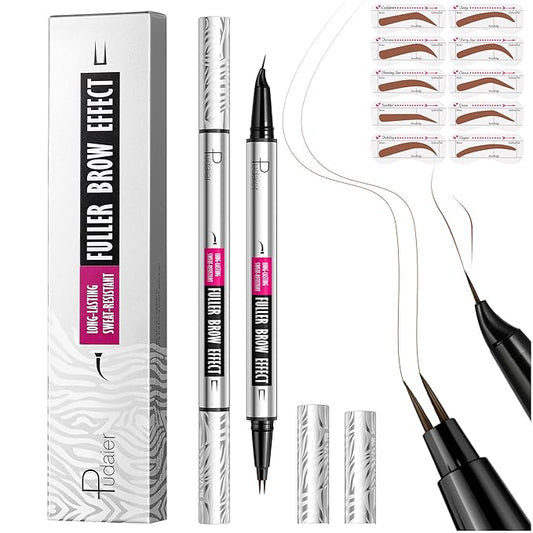 Pudaier 2 Pack 2 Fine Tip Eyebrow Pen, Waterproof Filling Faux Brow Makeup Pencils for Women with Precise Curved Brush-Tip to Fast Create Natural Hair-Like Brows, Last All-Day (Chocolate)