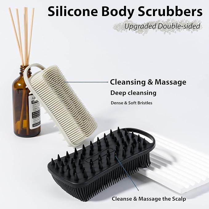 2 PC Silicone Body Scrubber, 2 in 1 Exfoliating Shower Bath Scrubber, Soft Silicone Loofah for Sensitive Skin, Shower Hair Scalp Massager, Easy to Clean, Lather Well (Grey&Black)