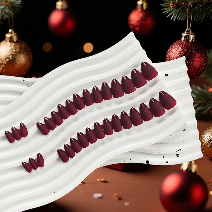 Burgundy Red French Tip Press on Nails Short Almond Nails Press ons, Short Fake Nails with Matte Finish, Dark Maroon French Glue on Nail False Nail for Women Fall Winter, in 32 Pcs 16 Sizes