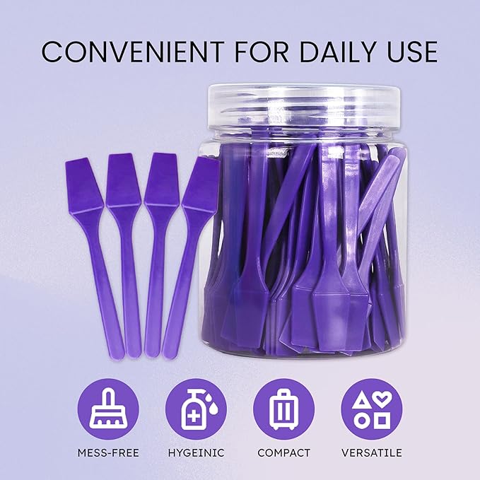 PANA 100pcs Brand Cosmetic Make Up Disposable Plastic 2.5" Spatulas Skin Care Facial Cream Mask Spatula (100 Pieces in a Container) (PURPLE)