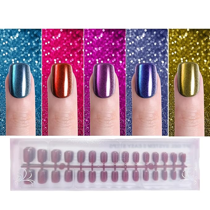 Cat Eye Press on Nails Summer, Jsiallye 300pcs Colored Short Square Press on Nails for Women, Soft Gel Fake Nails, Glossy Glitter Cat Eye Nail Tips Stick On Nails in 15 Sizes