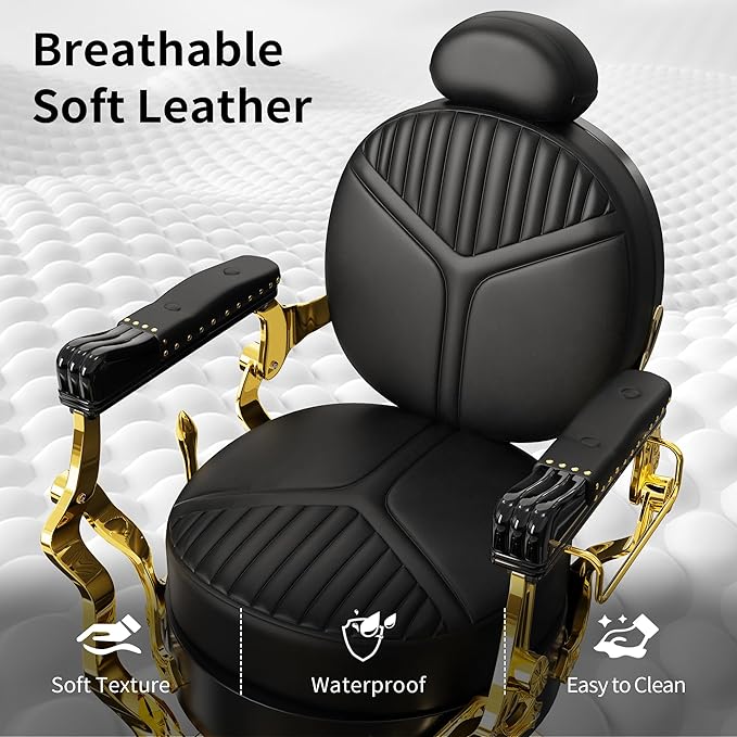 Baasha Elegant Black & Gold Barber Chair, Reclining Salon Chair with Plush Cushion & Adjustable Headrest, Heavy-Duty Structure for Tattoo & Hair Studios, 550 lbs