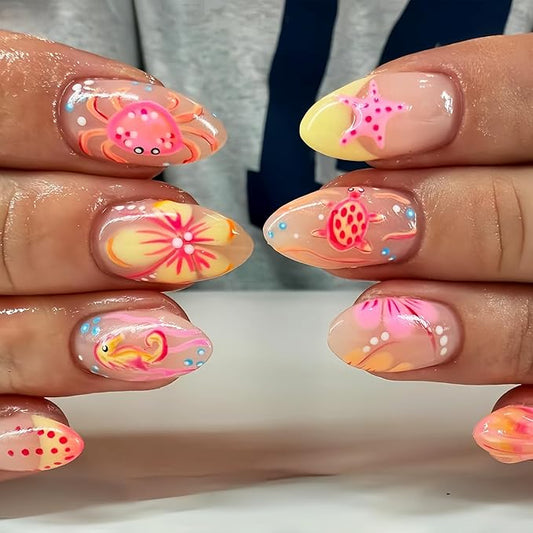 24Pcs Summer Press on Nails Short Almond Fake Nails with 3D Flower Designs Starfish False Nails Turtle Seahorse Stick on Nails Full Cover Acrylic Nails French Glue on Nails for Women Manicure Kit