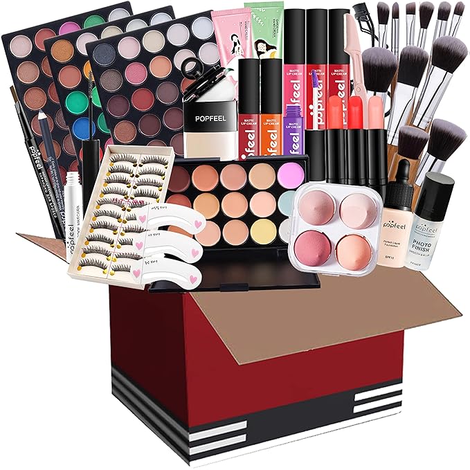 Pure Vie All-in-One Holiday Gift Surprise Makeup Set Essential Starter Bundle Include Eyeshadow Palette Lipstick Concealer Blush Mascara Eyeliner Face Powder Lipgloss Brush - Full Makeup Kit for Women