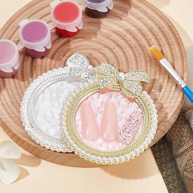 NICENEEDED 2 PCS Resin Nail Art Palette, Nail Art Painting Mixed Color Makeup Palette with Pearls, Rhinestone Bowknot Edge Nail Polish Palettes Nail Art Display Board for Nail Salon