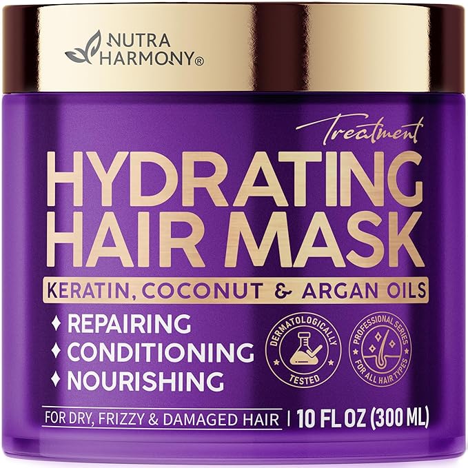 NUTRAHARMONY Hydrating Hair Mask for Dry, Frizzy & Damaged Hair – Deep Conditioning Keratin Treatment with Argan & Coconut Oils, Collagen & Biotin – Repairing, Anti-Frizz Hair Mask for Women, 10oz