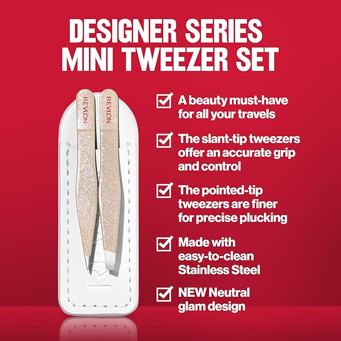 Revlon Designer Series Mini Tweezer Set, Hair Removal Tool Kit with Slant & Point Tips, Portable and Easy to Use, Made with Long Lasting Stainless Steel, 1 Count
