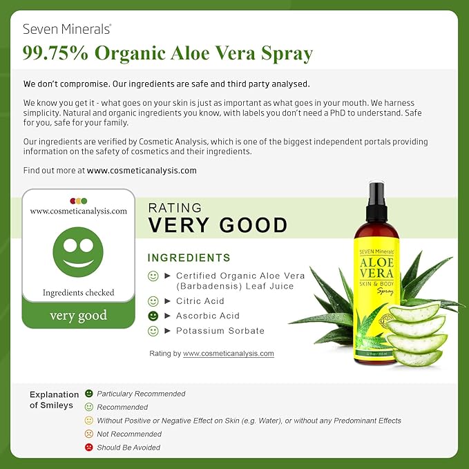 Seven Minerals Travel Size Organic Aloe Vera Spray with 100% Pure Aloe From Freshly Cut Aloe Plant, Not Powder - No Xanthan,So It Absorbs Rapidly With No Sticky Residue (2 fl oz)