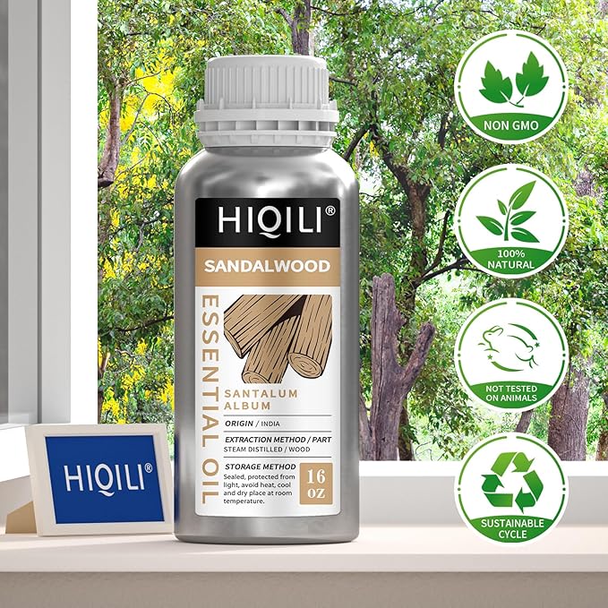HIQILI Sandalwood Essential Oils, Long-Lasting Scent for Perfume, Diffuser, Soap Making & Candle- 16 Fl Oz