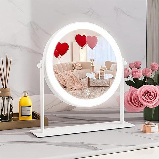 10"x10" Lighted Makeup Mirror, Vanity Mirror with Lights, Dimmable Touch Screen, Light up Mirror, Portable Travel Mirror, Cosmetic Mirror for Makeup Desk, 360° Rotation, White