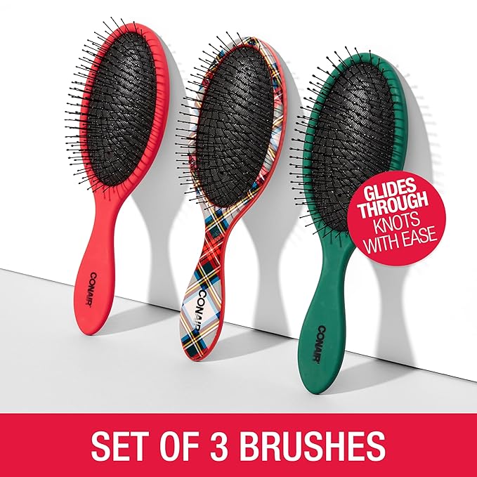Conair Detangling Hair Brush Set 3 Pack, For Wet, Dry and All Hair Types, Detangling Brushes for Women in Tartan, Red, Green
