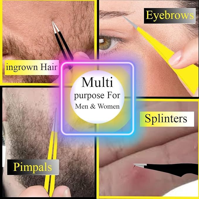 Suvorna Professional Tweezers for women facial hair - Sharp Pointed Tweezer & Slanted Eyebrow Tweezers for Women - Eyebrow Tweezer for Women, Lash tweezers and Splinter removal (4-inch size, Yellow)