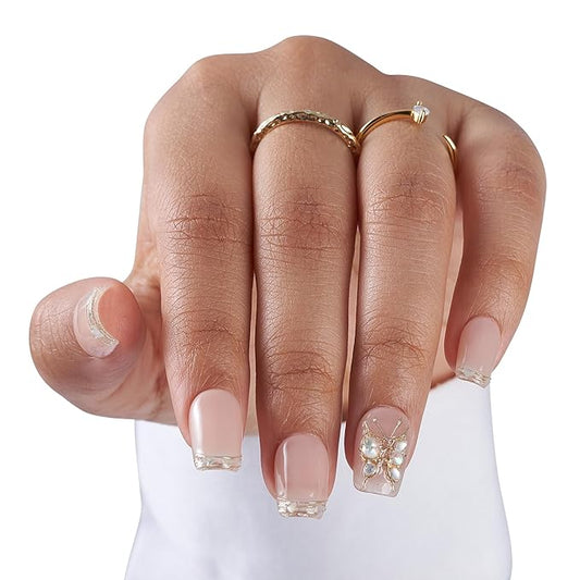 Large-Nude Luxe Blossom French Tip Press-On 10 Nails Manicure Kit for Women | Custom Handcrafted Nail Glue, Dual Nail File, Cuticle Stick & Buffer Block | Measure Before Ordering