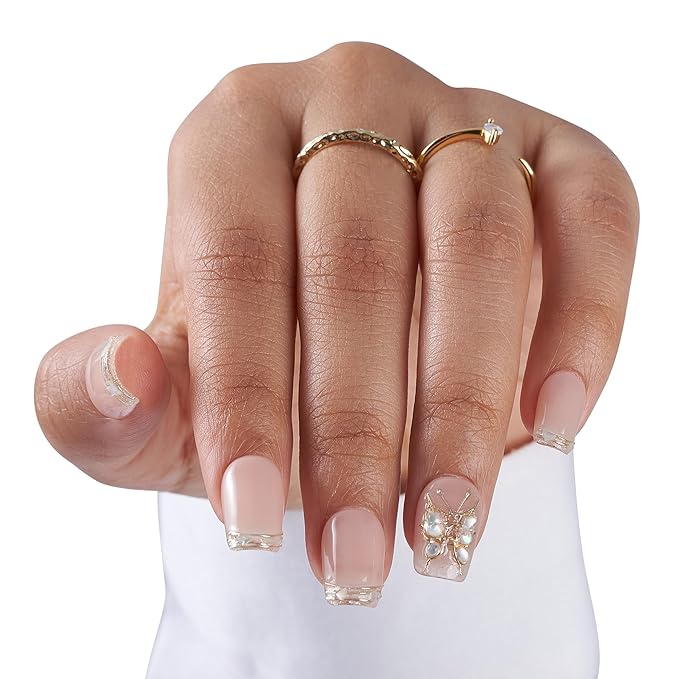 Medium-Nude Luxe Blossom French Tip Press-On 10 Nails Manicure Kit for Women | Custom Handcrafted Nail Glue, Dual Nail File, Cuticle Stick & Buffer Block | Measure Before Ordering