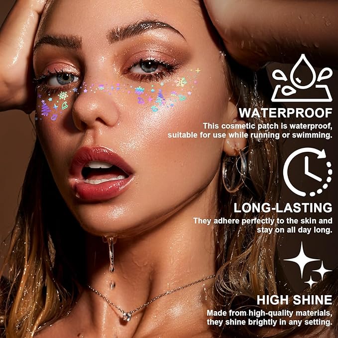 8PCS Glitter Freckles Face Tattoo, Sparkle Freckles for Women and Kids, Cute Star Waterproof Gold Temporary Face Tattoos Glitter Glow Up Patches (8PCSD Holographic Multicolor)