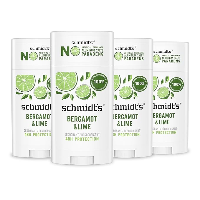 Schmidt's Aluminum-Free Vegan Deodorant Bergamot & Lime 4 Count for Women and Men, with 24 Hour Odor Protection, Natural Ingredients, Cruelty-Free, 2.65 oz