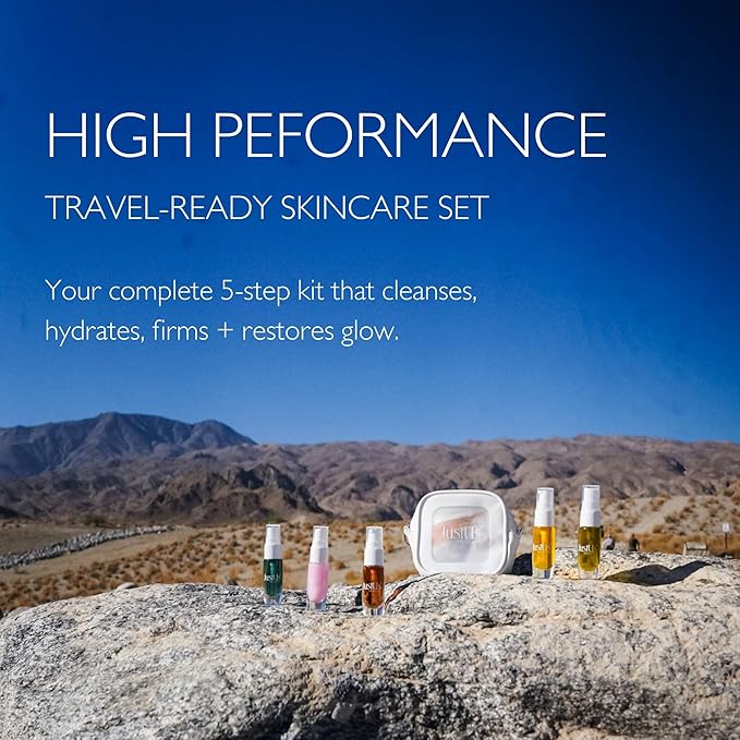 JustUs Skincare Mini Kit – 5 Piece Anti-Aging Travel Set for Hydration, Firmness, Brightening + Glow — Includes Free Travel Case | $115 Value