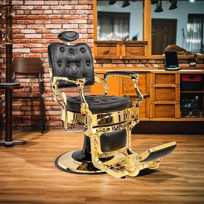 Winado Heavy Duty Vintage Recline Barber Chair Hydraulic with Headrest, Supports up to 700lbs & 360° Rotatable, Professional Salon Beauty Spa Shampoo Equipment (Gold - Square Backrest)