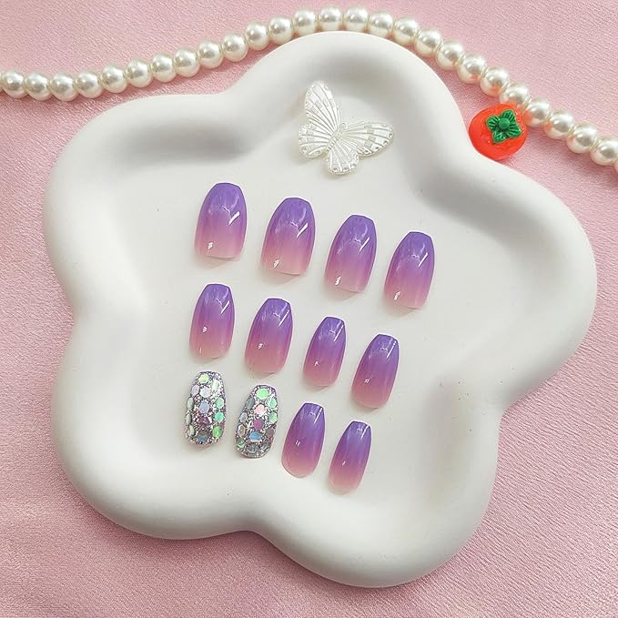 Short Coffin Press-On Nails, 24pcs Plastic Sliver Glitter Sequins Designs, Purple Gradient, Glossy, Full Cover, Quick On, 24 Fl Oz (Pack of 1)