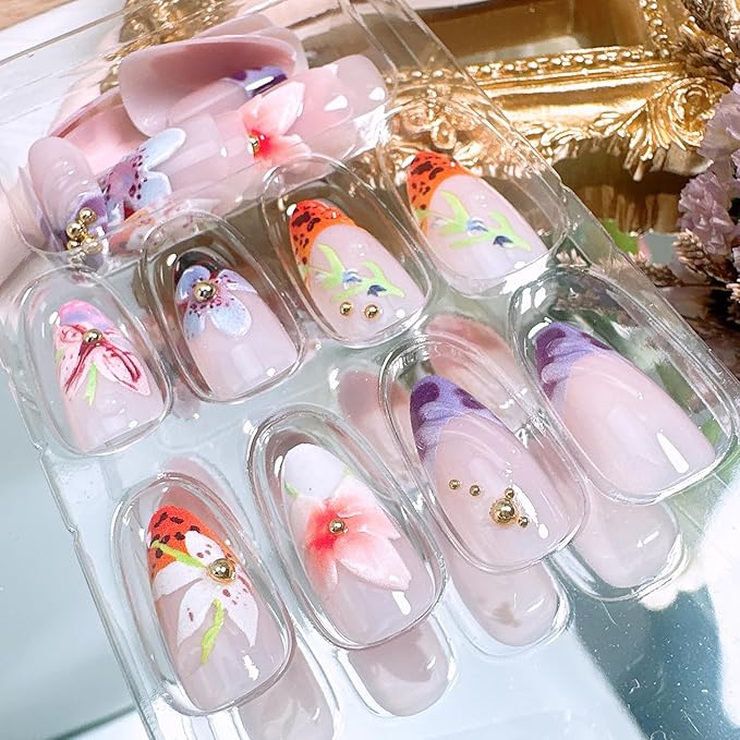 24Pcs Autumn Flower Press on Nails Medium Almond French Tip Fake Nails with 3D Flowers Gold Beads Glue on Nail Fall Floral Leaf False Nails Nude Acrylic Nail Tips Full Cover Stick on Nails for Women