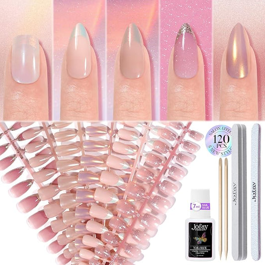 NEW Press on Nails Short, Jofay Fashion 120Pcs Salon-Like Fake Nails With Designs, French, Glitter, Mermaid/Pearl/Aurora Chrome Artificial Acrylic False Nails, Glue on Nails for Women