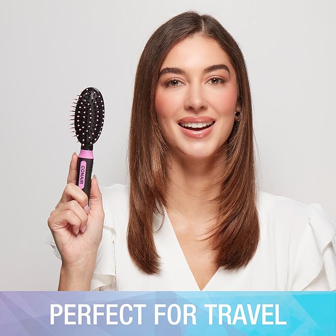 Conair Salon Results Cushion Hairbrush Set - men & women - hairbrushes for all hair types - detangling - features Travel size + Full-size - Pink/Black