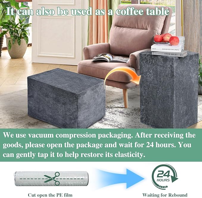 Rectangular Stuffed Pouf Ottoman with Foam Chunk Filling, Coral Fleece and Furry Fabric Design, Multi-Functional Floor Pouf for Living Room, Dark Grey