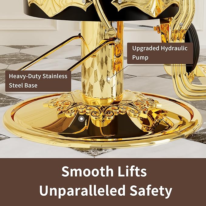 Baasha Elegant Black & Gold Barber Chair, Reclining Salon Chair with Plush Cushion & Adjustable Headrest, Heavy-Duty Structure for Tattoo & Hair Studios, 550 lbs