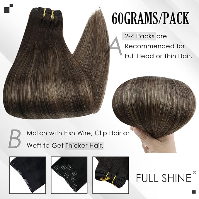 Full Shine Dark Brown Balayage Clip in Extensions Real Human Hair 3 Pcs 60 G Light Weight Clip in Hair Extensions Brown Balayage Brazilian Hair Extensions 12 Inch