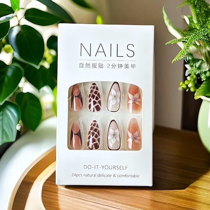 24Pcs Brown Flower Press on Nails Almond Medium Fake Nails with 3D Flower Designs Tortoise Pattern Glue on Fingernails Acrylic Nails Fall Winter Artificial Nails Full Cover Stick on Nails for Women