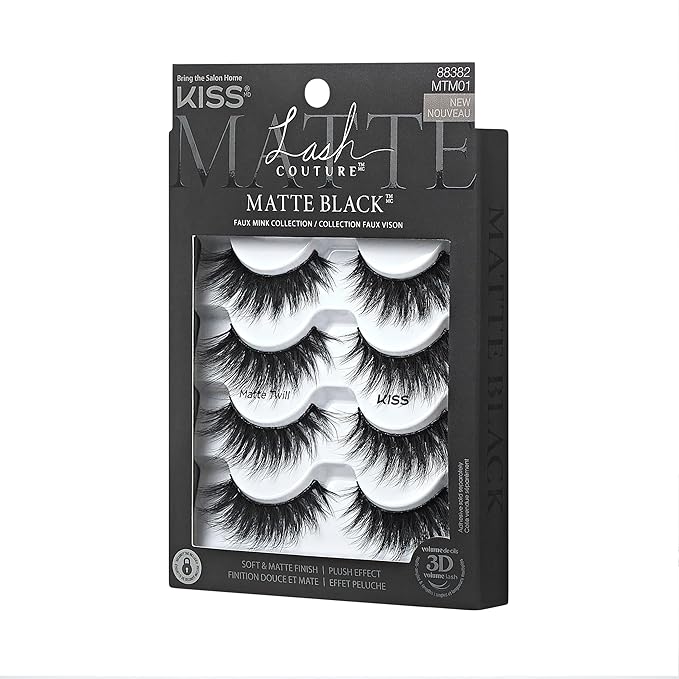 KISS Lash Couture Matte Black Faux Mink Eyelashes Multipack, Matte Twill, Black, Natural Looking, Cruelty-Free & Vegan, Holds Curl, Comfortable, Seamless, Knot-Free Band | 4 Pairs