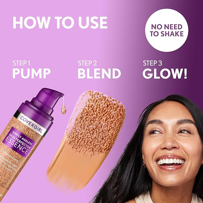 Covergirl Simply Ageless Skin Perfector Essence Foundation, 70 Rich, Tinted Skin Perfector, Skincare Makeup Hybrid, Sheer Tint, Radiant Finish, Skin-Like Finish, Vegan Formula, 1.0oz