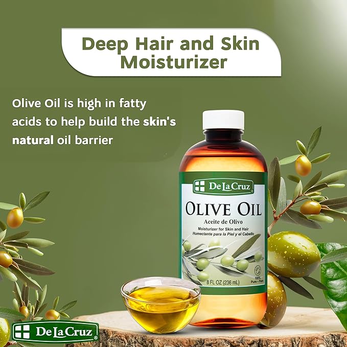 De La Cruz Pure Olive Oil - Natural Expeller Pressed Olive Oil for Hair and Skin - Lightweight Body Oil for Dry Skin 8 Fl Oz