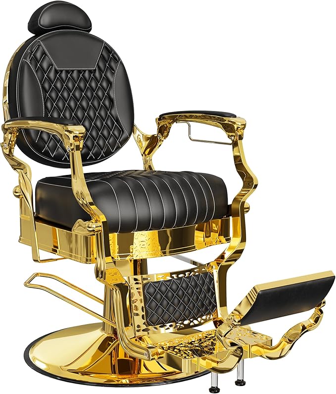 Baasha Black & Gold Heavy-Duty Barber Chair, Luxury Reclining Salon Chair with Adjustable Headrest & Comfort Seating, 550 lbs Capacity