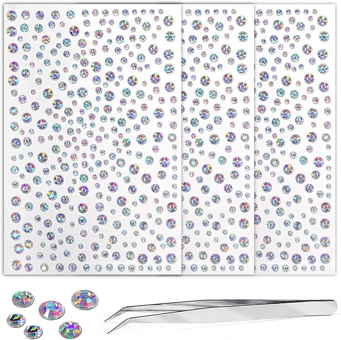 975PCS Gem Stickers Jewels for Crafts Rhinestone Stickers Face Gems Pearls for Makeup stick on Body Crystal Clear Crystal Decals 3/4/5/6MM Hair Nails Craft DIY Decor