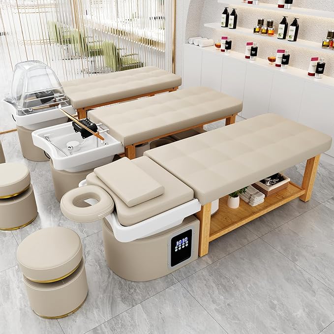 Hair Washing Head Spa Stationary Massage Table with Water Cycle & Fumigation Salon Equipment for Beauty Head Spa Physical Therapy Massage, Wood Frame, PU Leather - Beige Gray